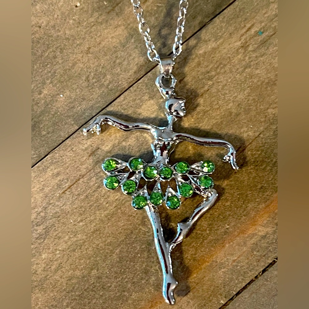 Ballet Dancer, Dancing Emerald Color Gemstones Necklace Silver Plated Ballerina - Picture 2 of 12